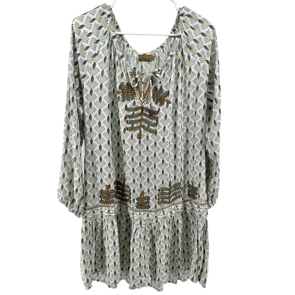 Skemo Dress Beaded Embroidery Allover Print Drop Waist Boho Hippie Scoop Large